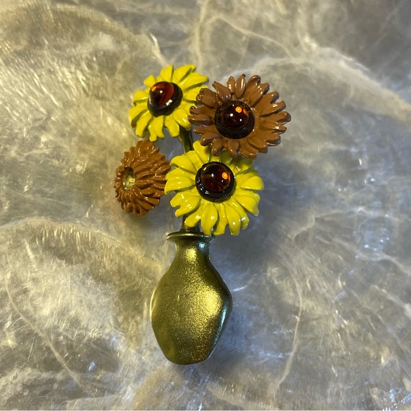 Sunflower Floral Vase Metal Enamel Brooch 2" NEW - Picture 2 of 3